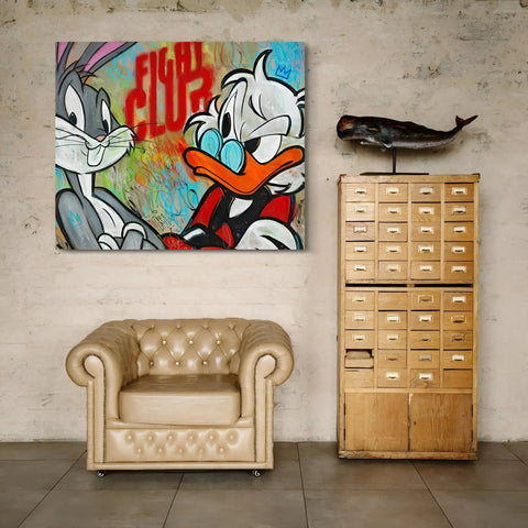 Colorful cartoon character pop art painting featuring Bugs Bunny and Donald Duck.