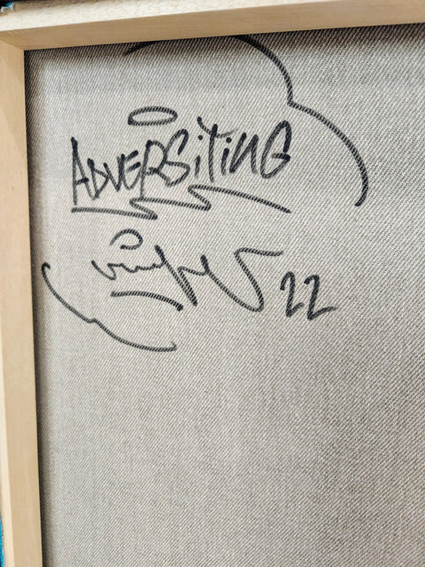 A framed painting with the words `’person’written on it