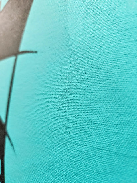 A painting of a bird on a turquoise background