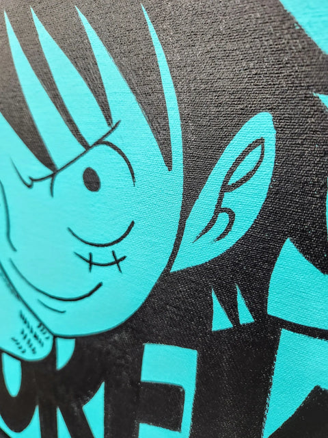 A painting of a boy with a blue face