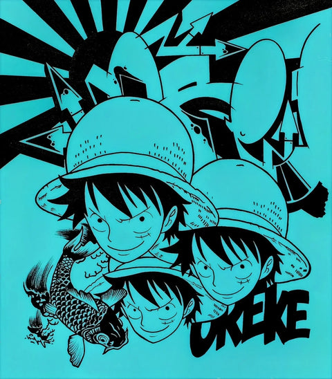 A drawing of two children in hats and one is holding a fish