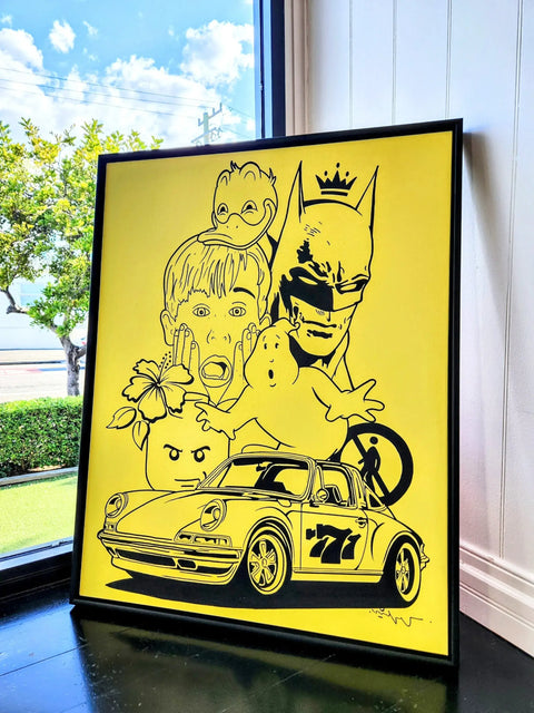 A yellow poster with a black and white drawing of a cat and dog on it