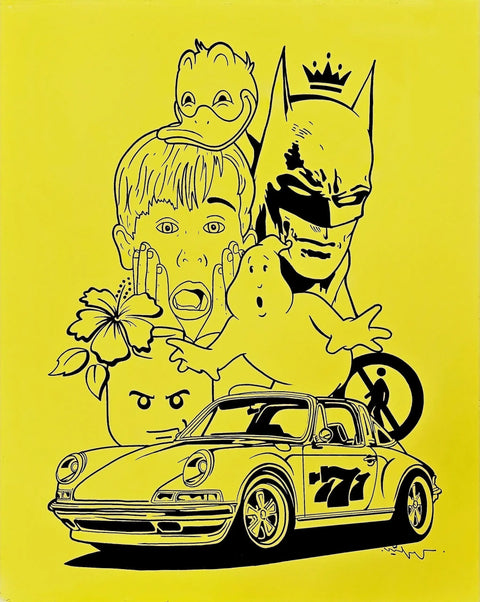 A yellow poster with a cartoon character and a cat