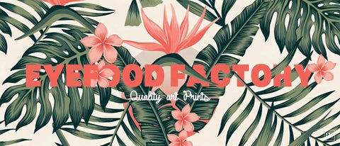 A tropical wallpaper with pink flowers and green leaves