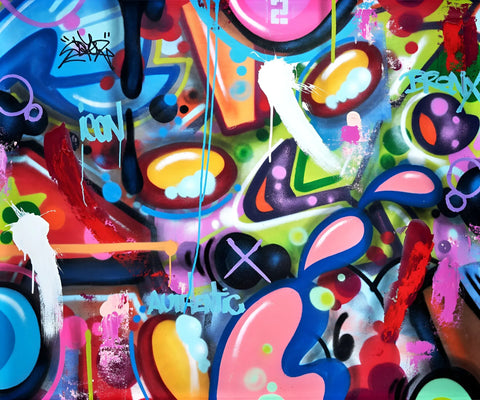 A painting of colorful shapes and colors
