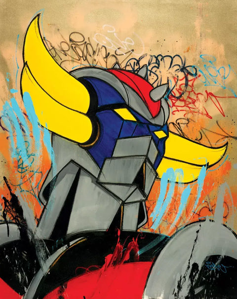 A painting of a robot with a red and yellow helmet