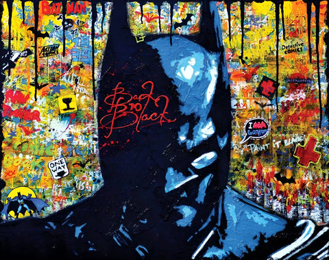 Batman silhouette rendered in blue against a graffiti-style background.