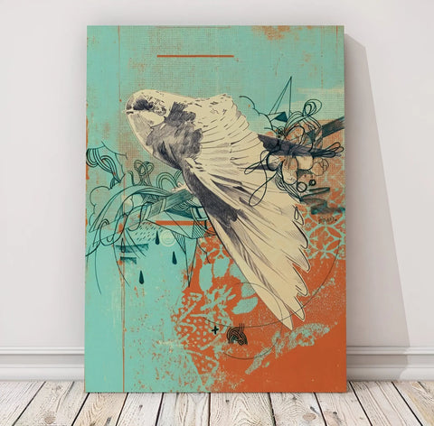 Stylized illustration of a flying bird with outstretched wings against abstract floral elements.