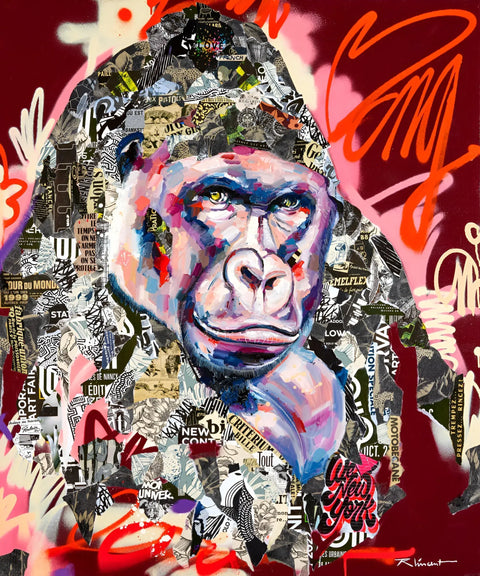 A painting of a gorilla with many different types of graffiti