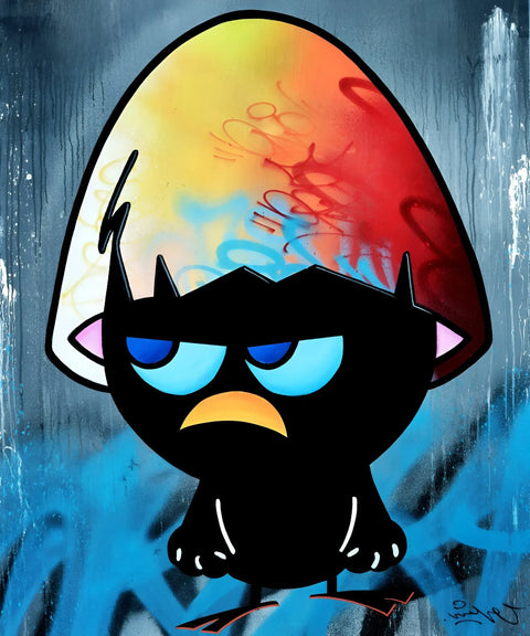 A cartoon character with a big head and blue eyes
