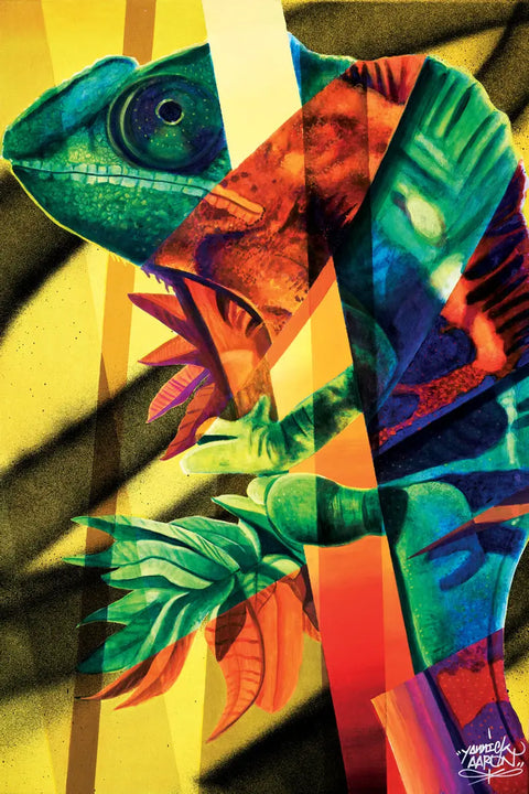 Vibrant, abstract chameleon composed of colorful geometric shapes and patterns.