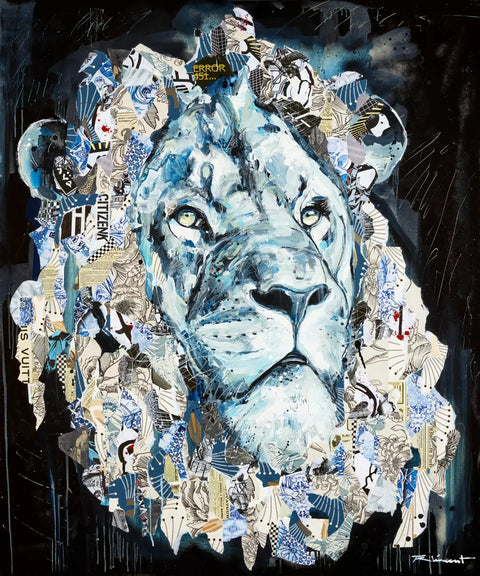 A painting of a lion surrounded by many different types of animals