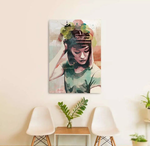 A painting on a wall above a table