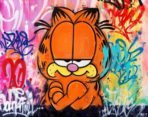 A painting of a cat with graffiti on it