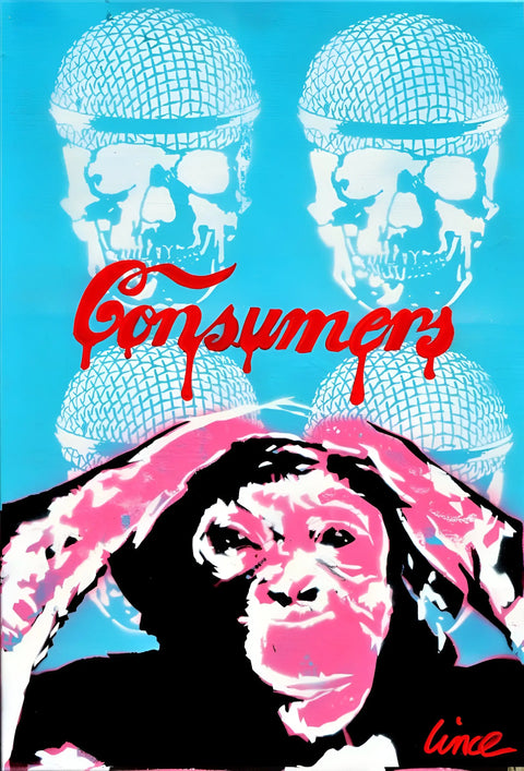 Pop art style poster featuring a chimpanzee’s face with microphone-shaped skulls above it and red ’Consumers’ text.