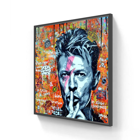 Portrait-style artwork featuring a blue-tinted face making a ’shh’ gesture against a vibrant graffiti background.
