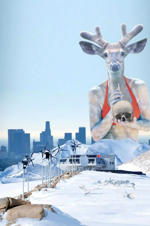 A reindeer with a red harness is in the air