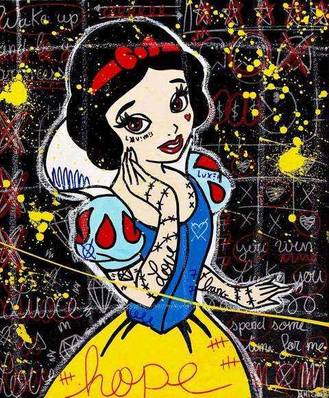 A painting of a snow white with a red bow on her head