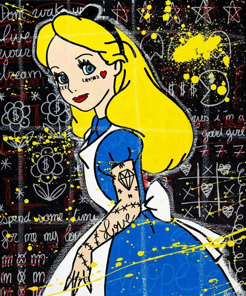 A painting of a woman in a blue dress