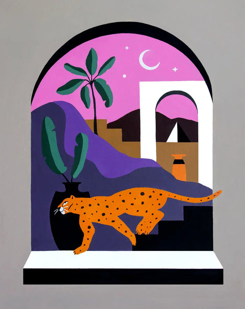 A painting of a cat and a plant