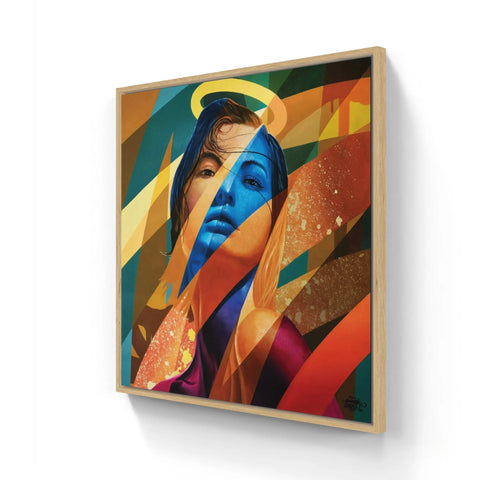 Colorful abstract portrait painting with geometric shapes and vibrant hues.