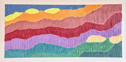 Colorful abstract artwork with wavy horizontal stripes in various hues.
