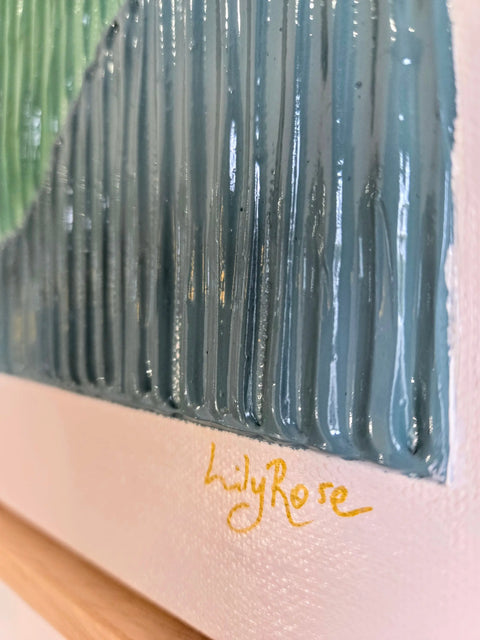 Painting with thick, vertical brushstrokes in shades of blue and green, signed ’LadyRose’ at the bottom.