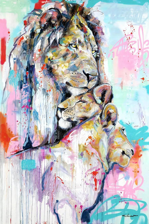 A painting of a lion with colorful paint strokes