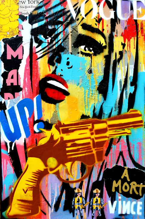 Yellow handgun rendered in a vibrant street art style against colorful graffiti elements.