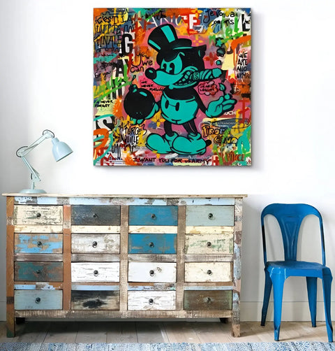 Distressed vintage dresser with multi-colored drawers and weathered paint finish.