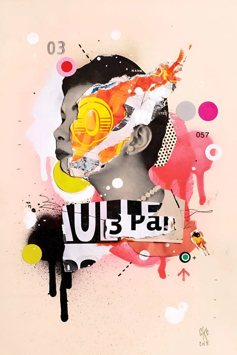 Abstract mixed-media artwork featuring a stylized profile with vibrant colors and text elements.