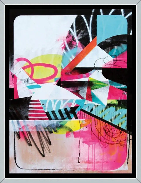 A painting with a black frame and a white background