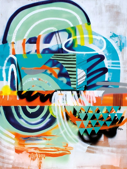 A painting with a blue and orange design