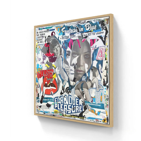 Framed collage artwork featuring a mix of images, text, and faces in various colors and styles.