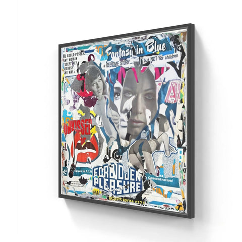 Framed collage artwork featuring a black and white portrait surrounded by colorful text and images.