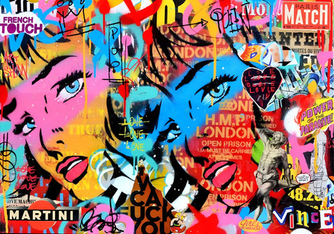 Vibrant pop art graffiti featuring stylized faces with bright pink and blue tones amid text and street art elements.