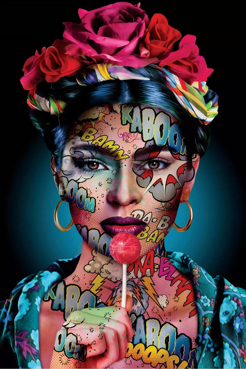A woman with a colorful face and a flower on her head