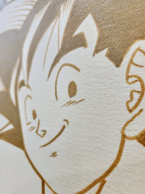 A close up of a drawing of a boy with a hat on