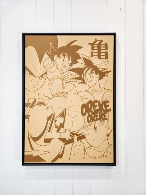 A framed artwork piece with a drawing of two characters