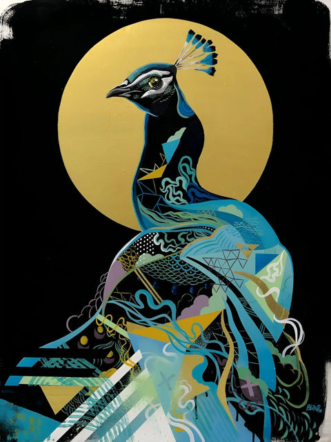A painting of a bird on a black background