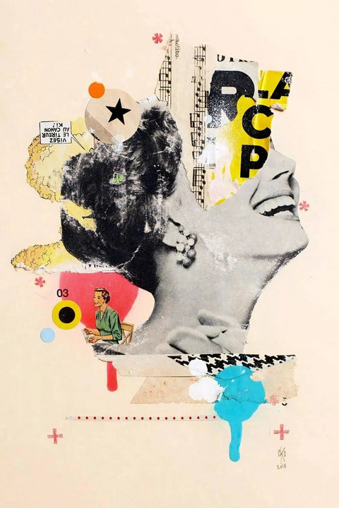 A close up of a collage of a woman with a skateboard
