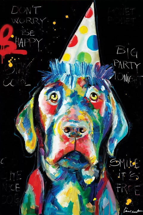 A painting of a dog wearing a party hat