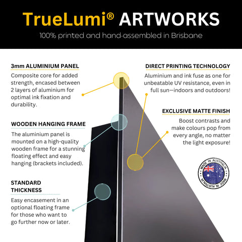 TrueLumi artworks with aluminum panel, wooden frame, and matte finish.