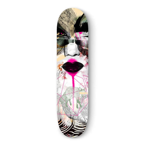 Skateboard deck featuring abstract artistic design with pink lips and black-and-white elements.