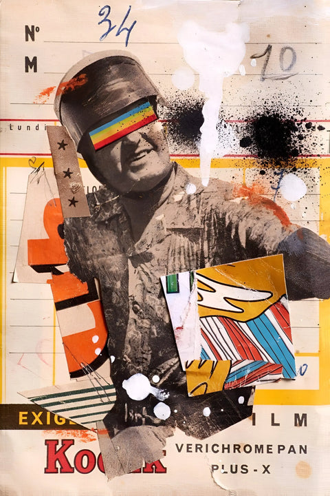 Mixed media collage featuring a vintage photograph overlaid with colorful geometric shapes and text fragments.