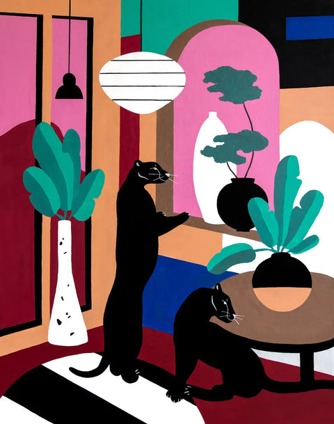 A painting of a cat and a plant
