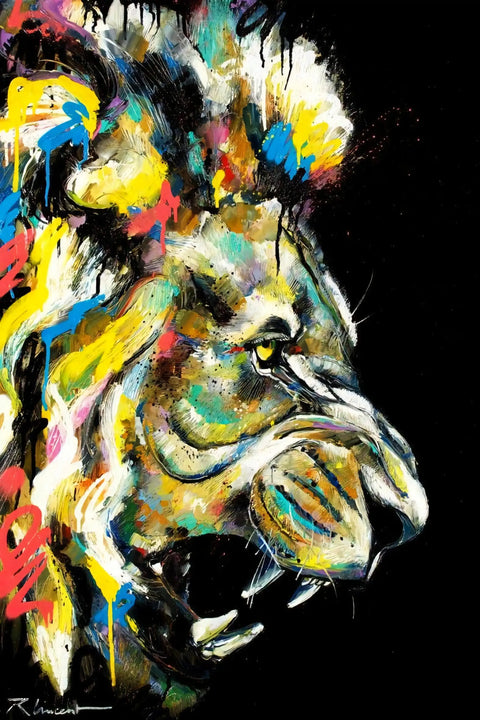A painting of a lion with colorful paint strokes