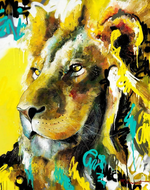 A painting of a lion with yellow and blue paint strokes
