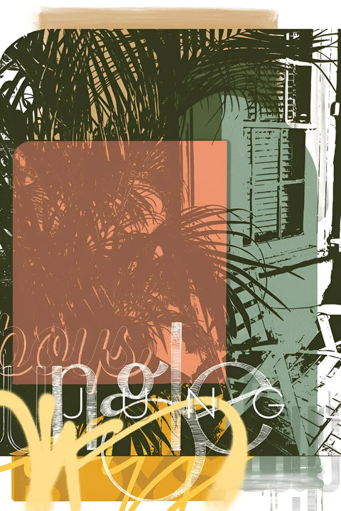 A poster with a plant and a plant in the background