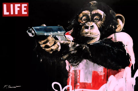 A painting of a monkey holding a gun